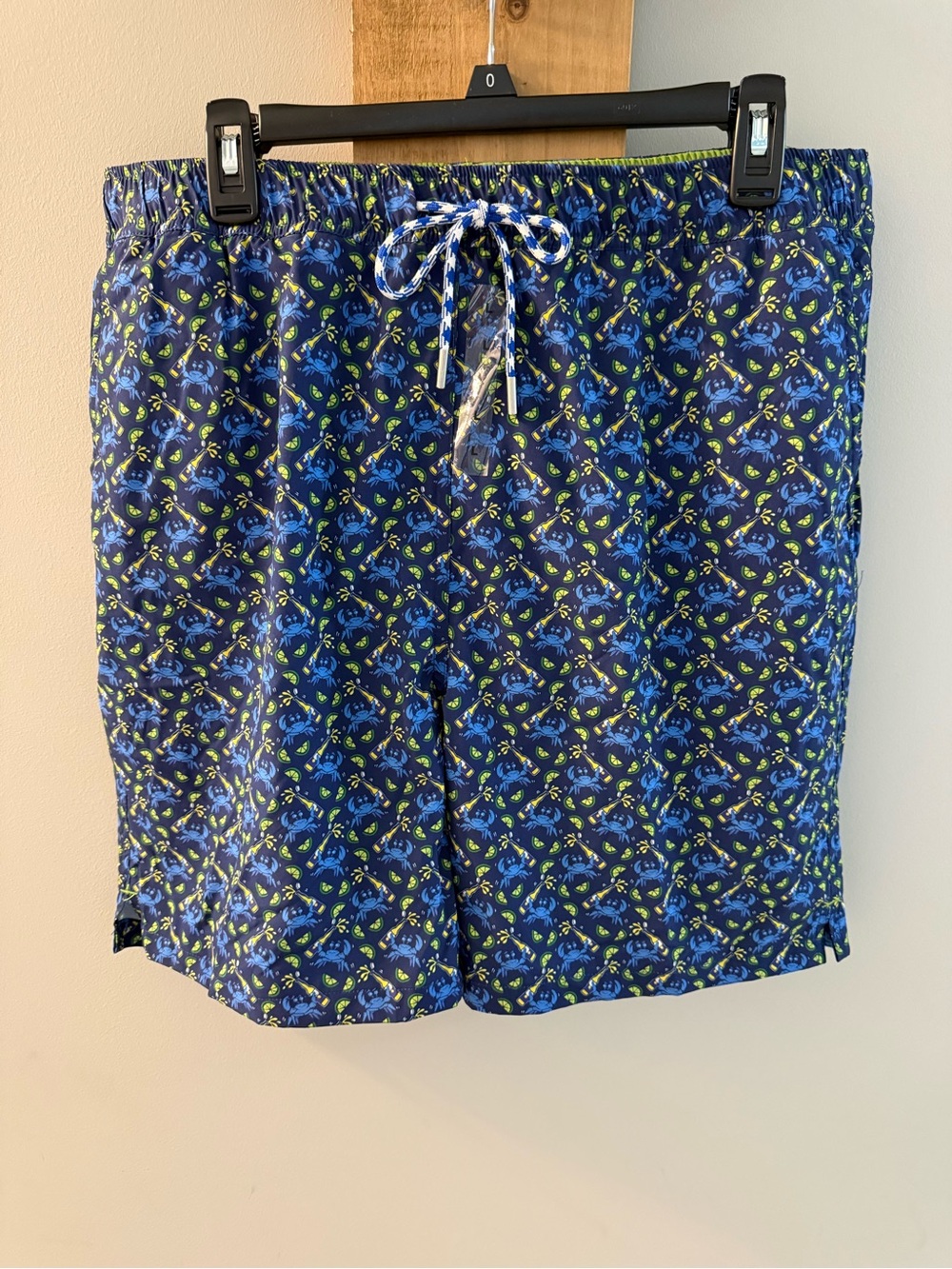 NWT, SKIFF DOGS Men's Navy Blue Printed Swim Trunks with Lime Accents, L/36-38